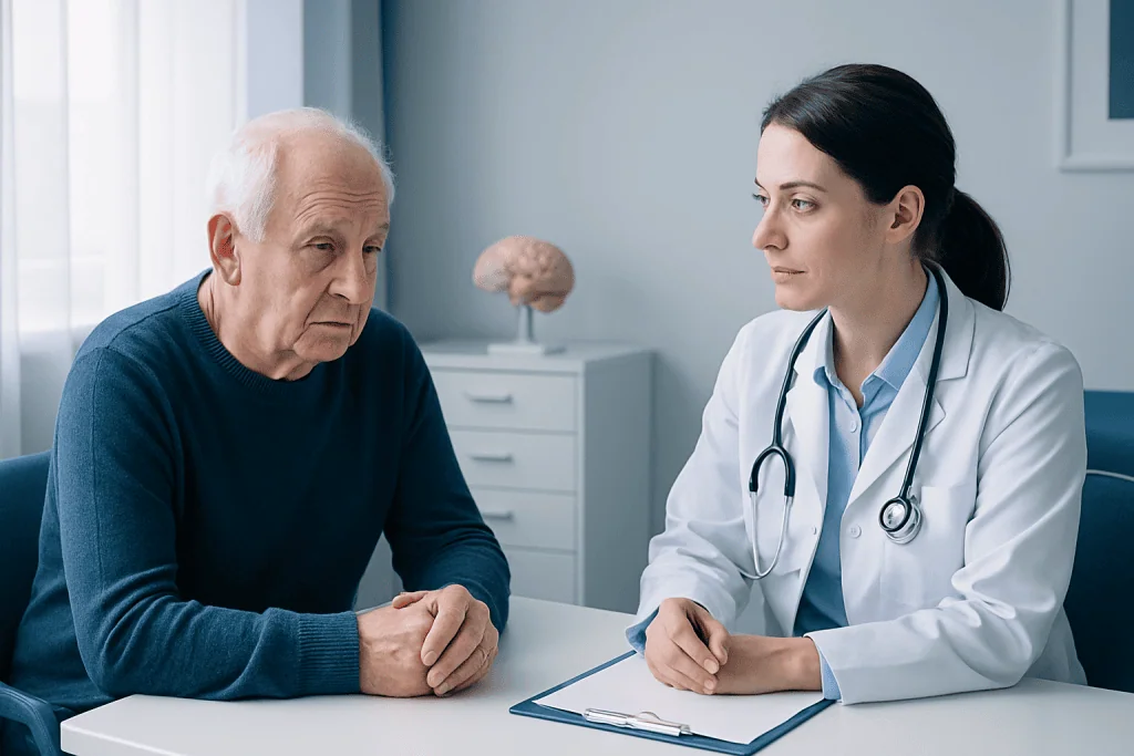 Doctor consulting elderly patient about cognitive health assessment.