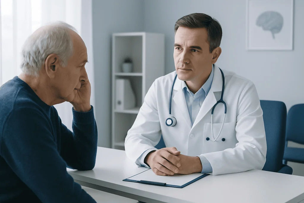 Doctor consulting with elderly patient about cognitive health at clinic.