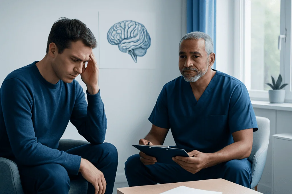 Patient consulting with neuropsychiatrist in a clinical setting.
