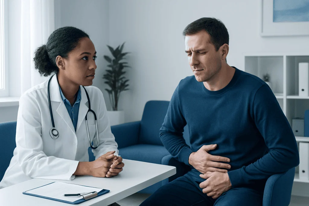 Doctor consulting with male patient about digestive issues in clinic.