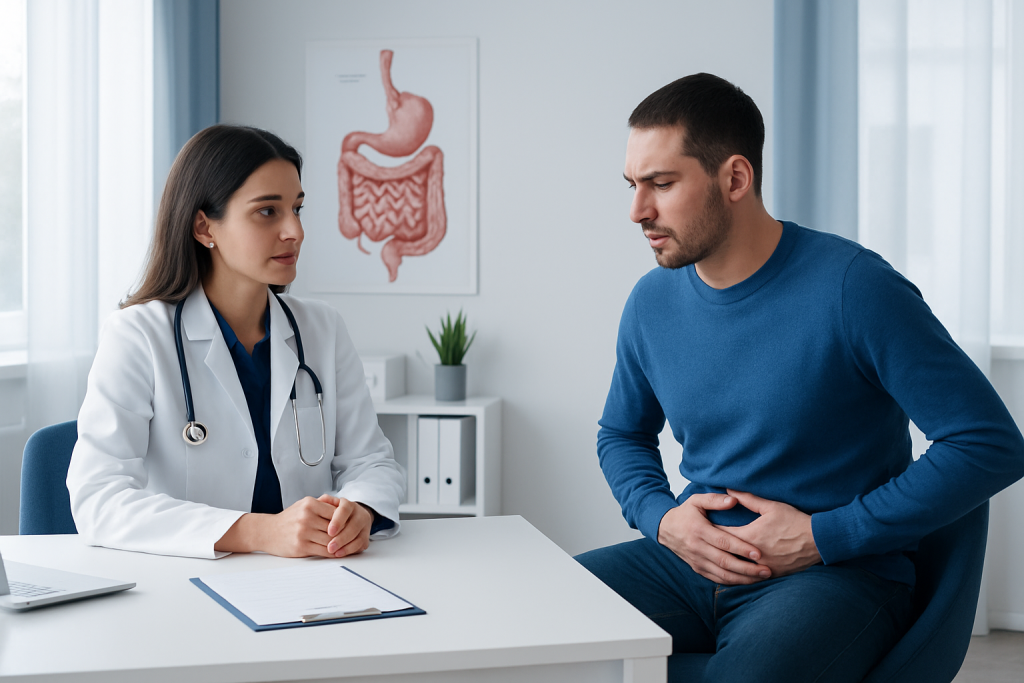 Doctor consulting a patient with gastrointestinal issues in a clinic.