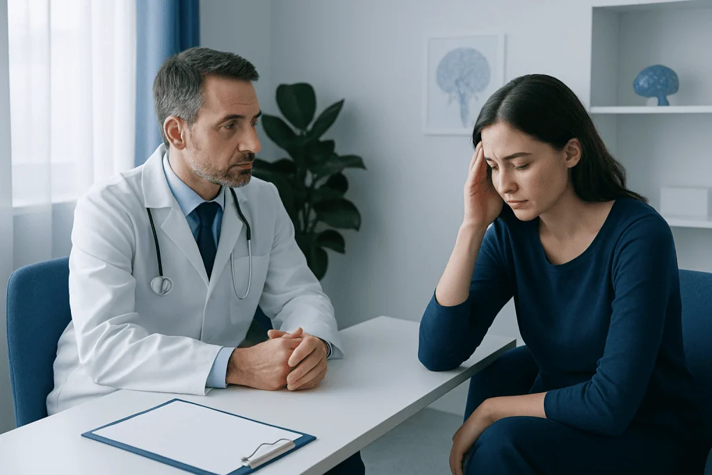 Doctor consulting with a woman experiencing neurological symptoms.