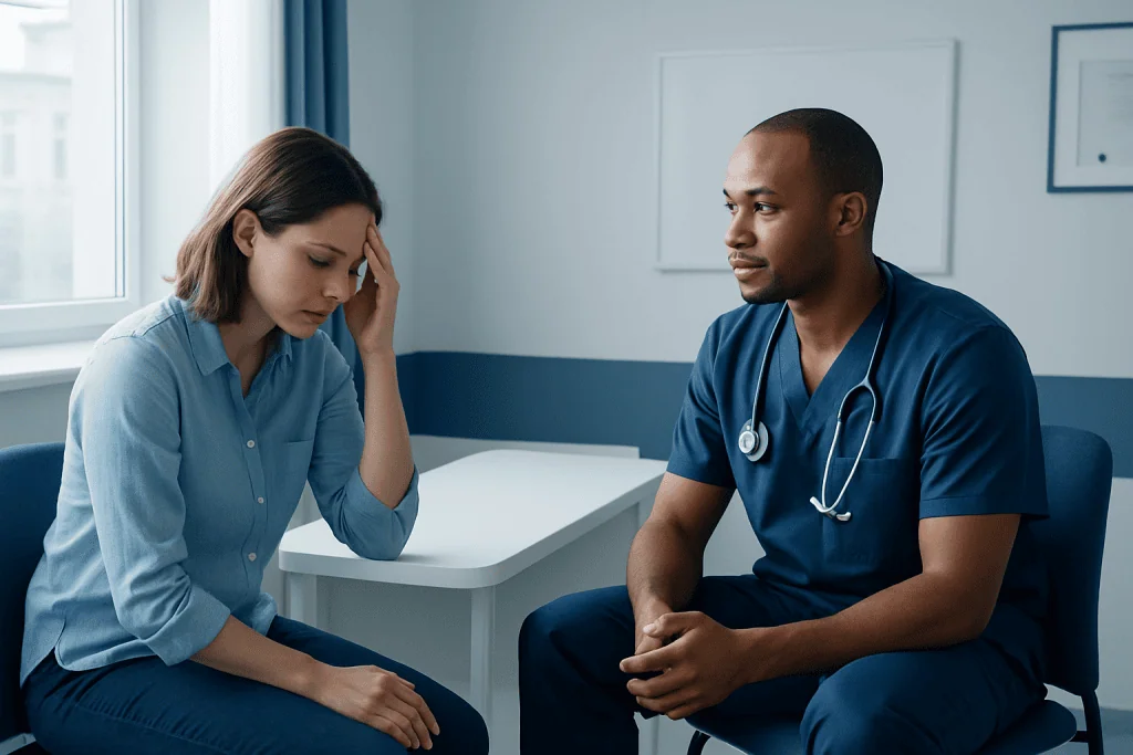 Doctor consulting with a worried female patient in a medical office.