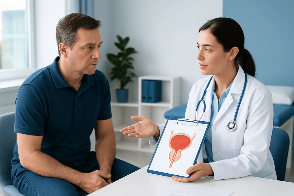 Doctor explaining bladder health to male patient in clinic.