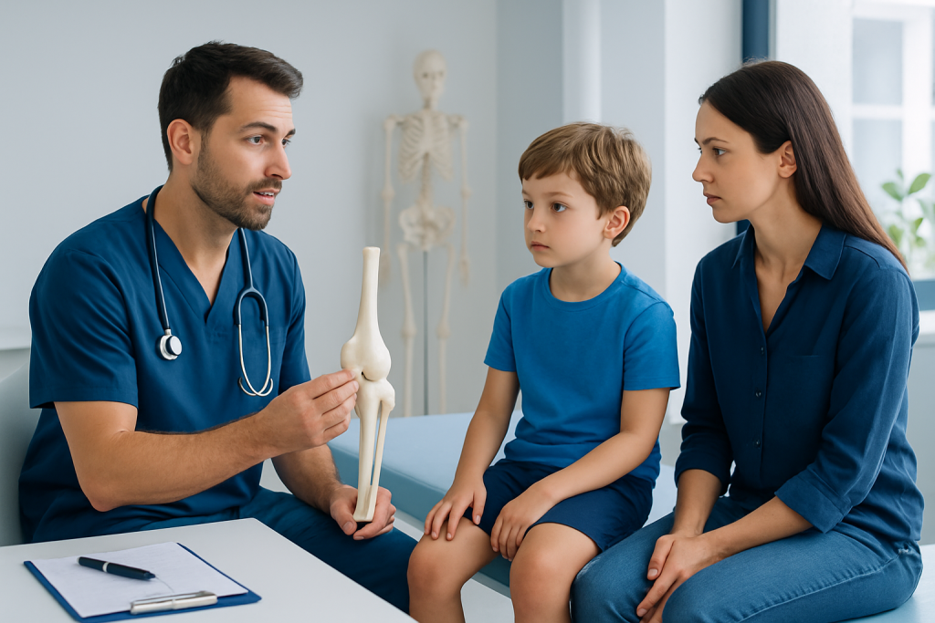 Pediatric orthopedic consultation with doctor explaining knee issues to a child and parent.