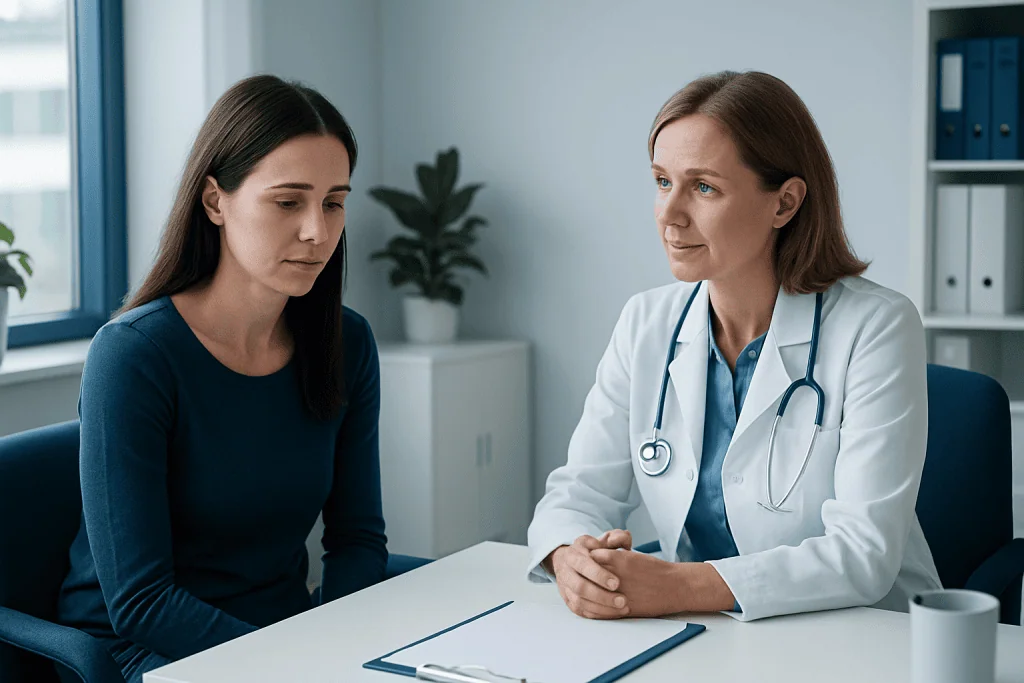 Doctor consulting with a woman patient in a medical office.