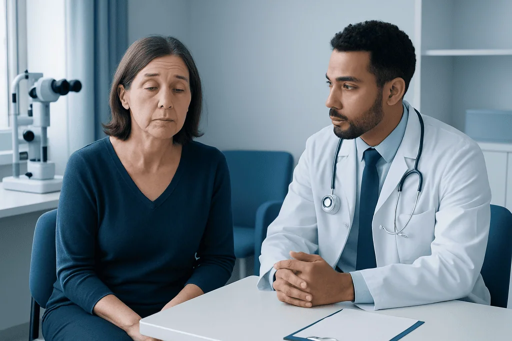 Doctor consulting with a woman about eye health and nerve issues.