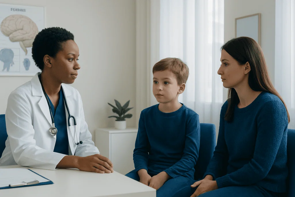 Pediatric consultation with doctor, child, and mother in a clinic setting.