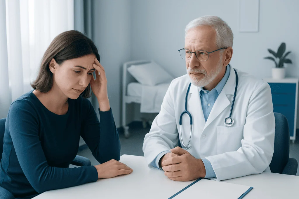 Doctor consulting with worried female patient in a medical office.