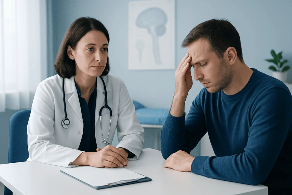 Doctor consulting with a patient experiencing headache and blurred vision.