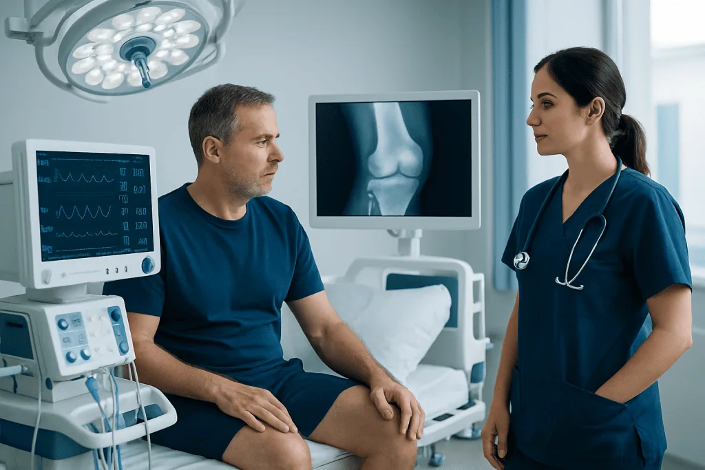Orthopedic consultation for knee replacement risks and management.