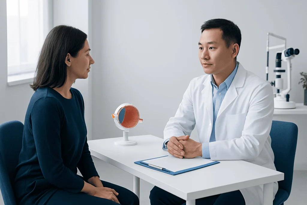 Doctor consulting with patient about eye health in a modern clinic.