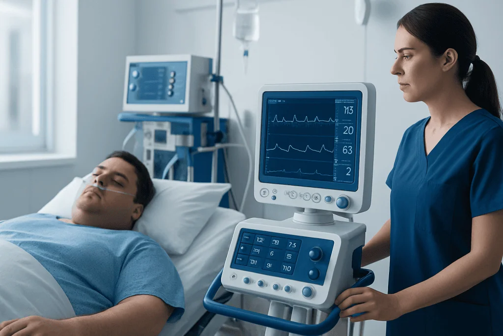 Medical professional monitoring patient with vital signs in hospital room.