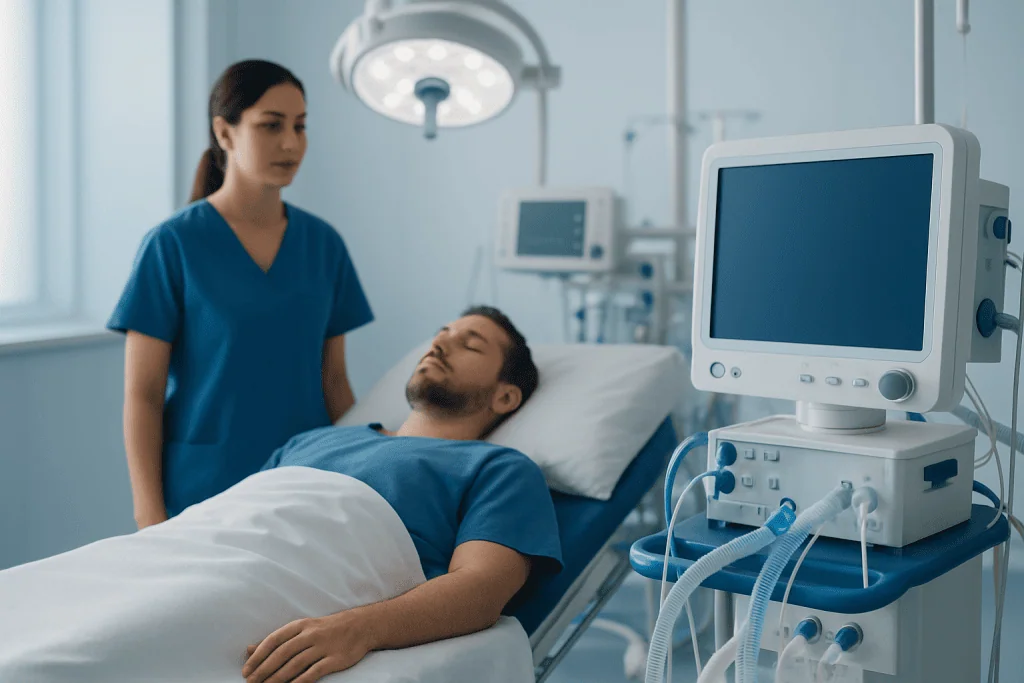Patient in hospital bed with medical monitor and nurse in background.