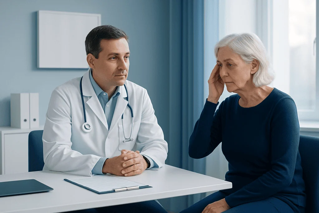 Doctor consulting with elderly woman about neurological health issues.