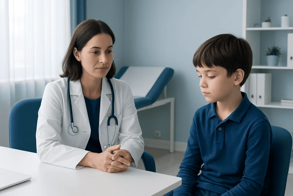 Doctor consulting with a young boy in a medical office.
