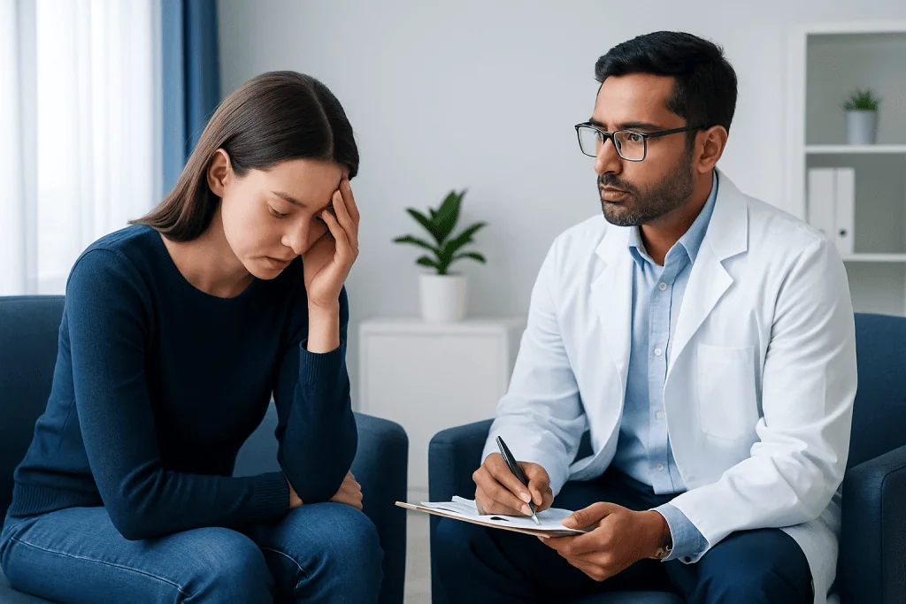 Patient experiencing distress during consultation with doctor at Acibadem Hospital.