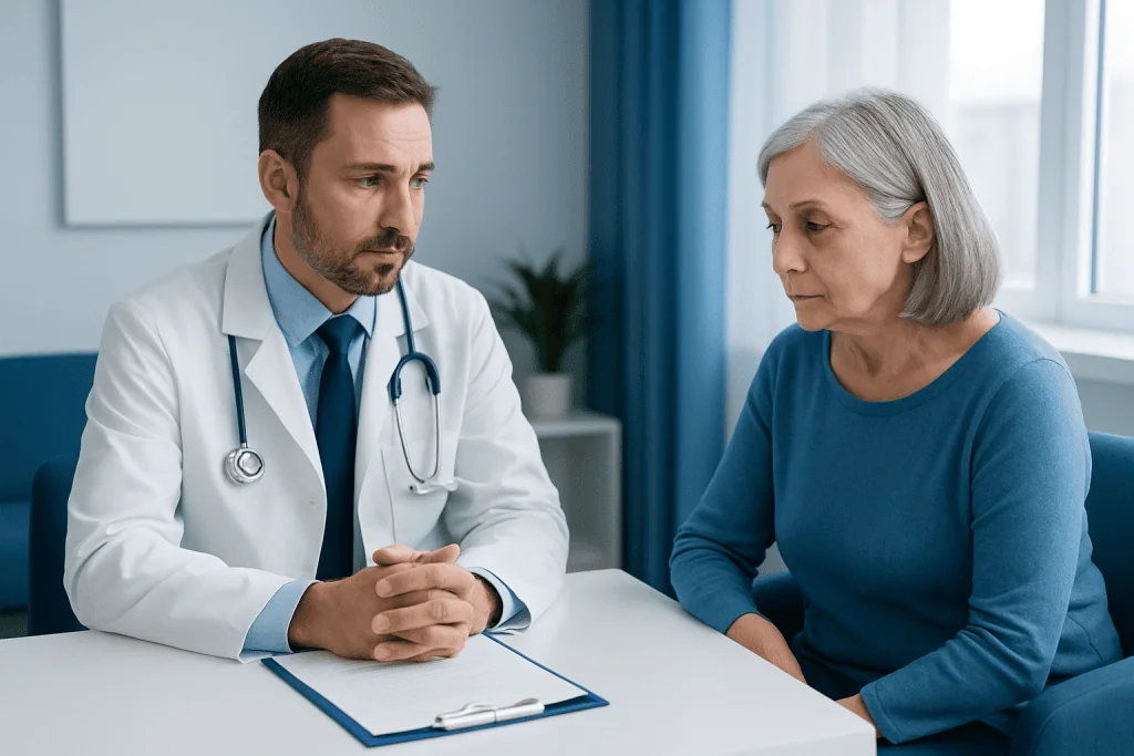 Doctor consulting with an elderly female patient in a medical office.