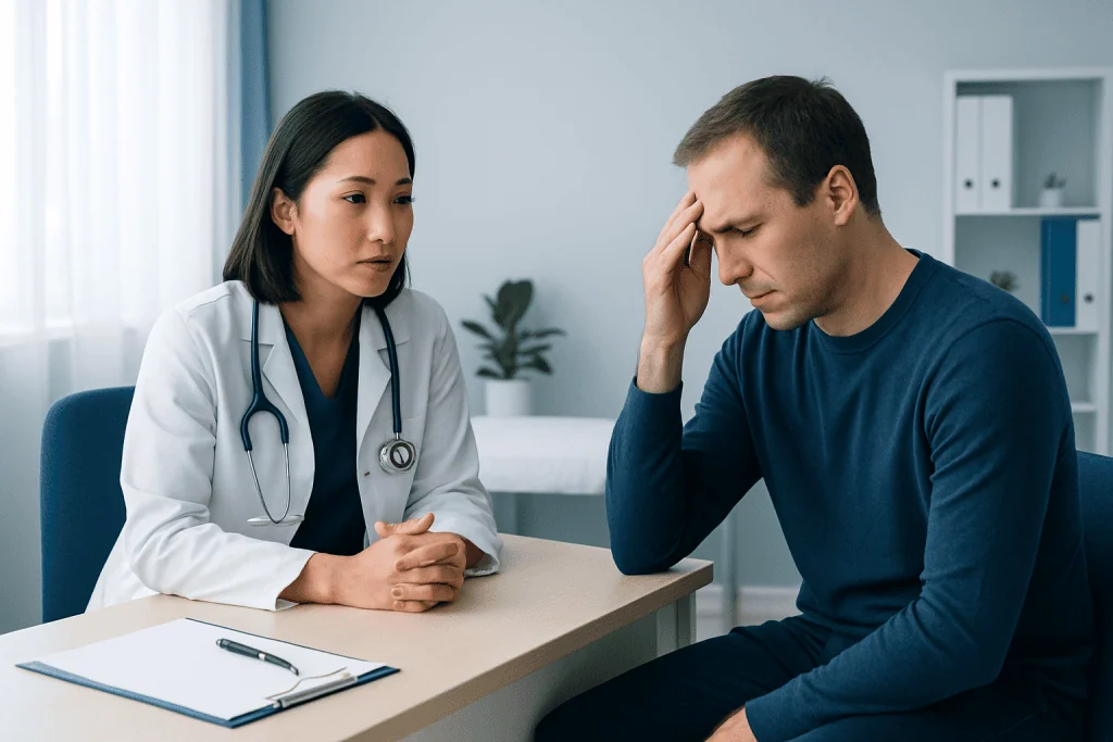 Doctor consulting with a patient experiencing headache symptoms in a clinical setting.