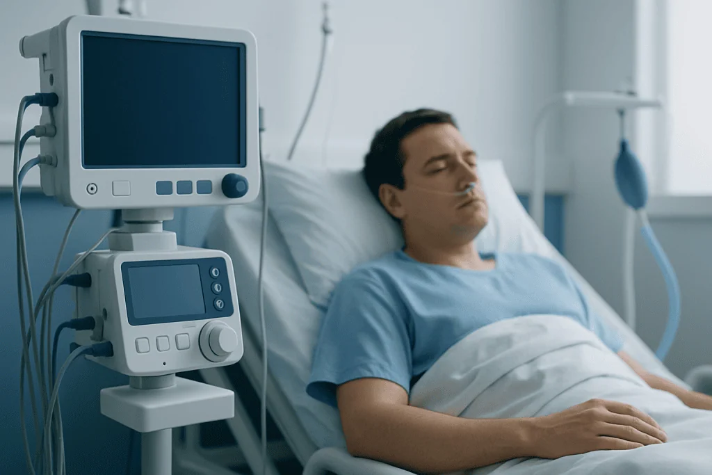 Patient in hospital bed connected to medical monitors in ICU.