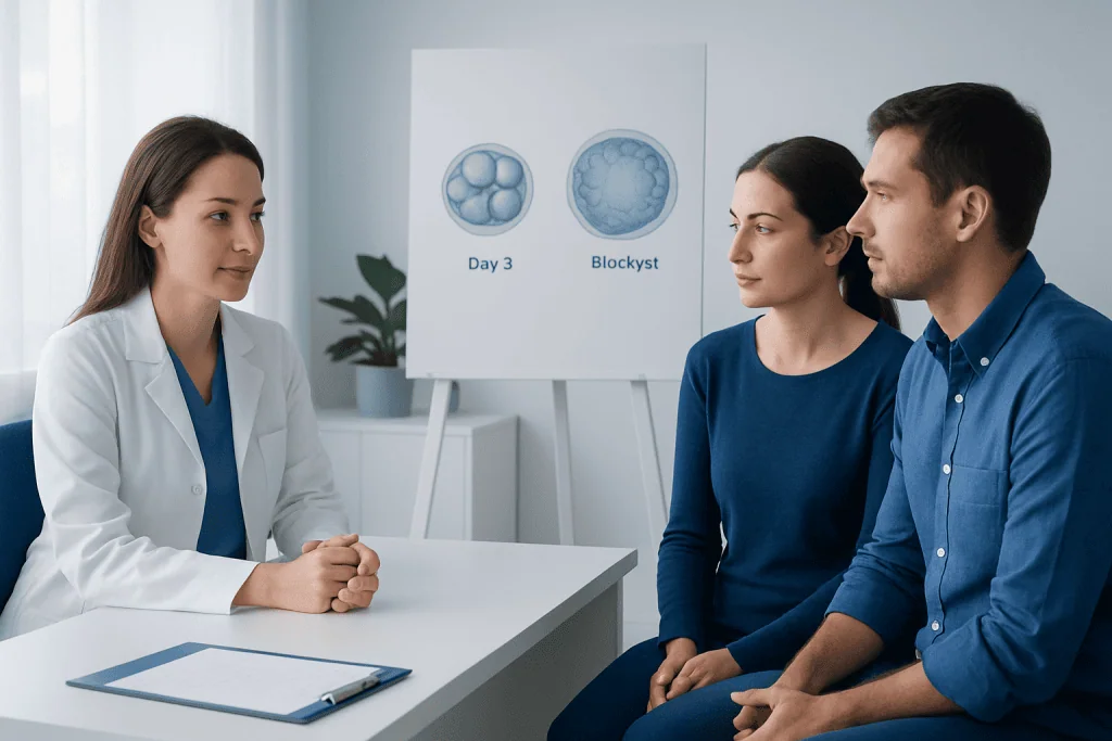 Fertility specialist explains embryo development stages to patients.