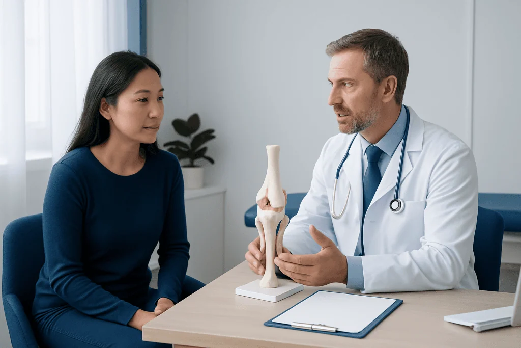 Orthopedic consultation with a doctor explaining knee anatomy to a patient.
