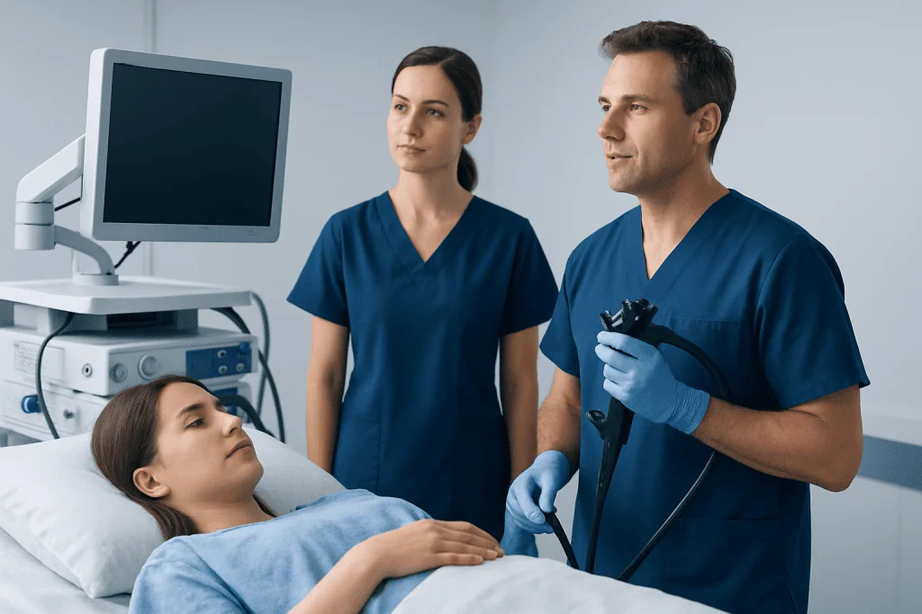 Medical professionals performing an endoscopy on a patient in a hospital room.