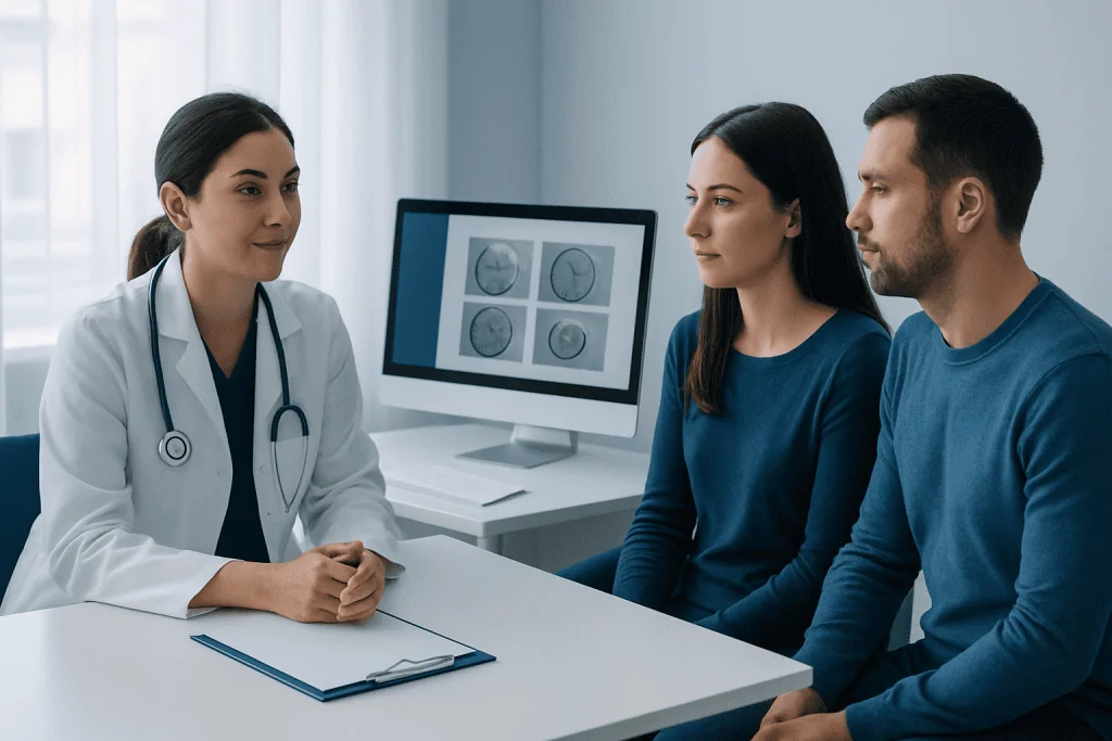 Fertility specialist consulting with a couple about IVF treatment options.