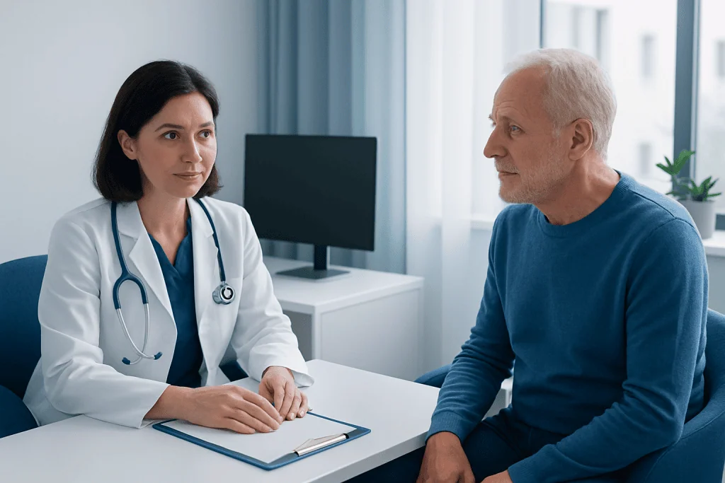 Doctor consulting with an elderly male patient in a medical office.