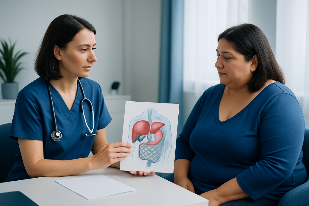 Doctor explaining liver and digestive system to patient in clinic.