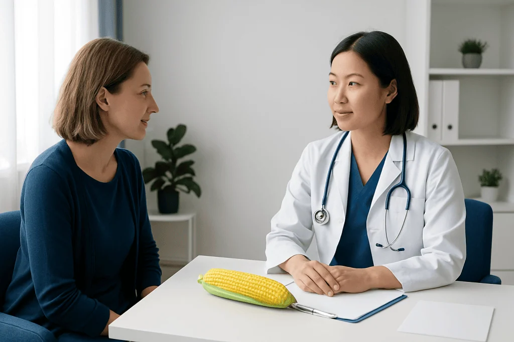 Doctor consulting with a patient in a medical office with corn on the table.