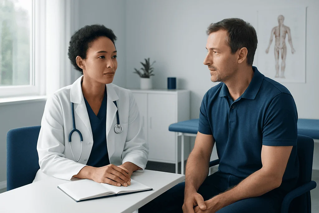 Doctor consulting with a male patient in a medical office.