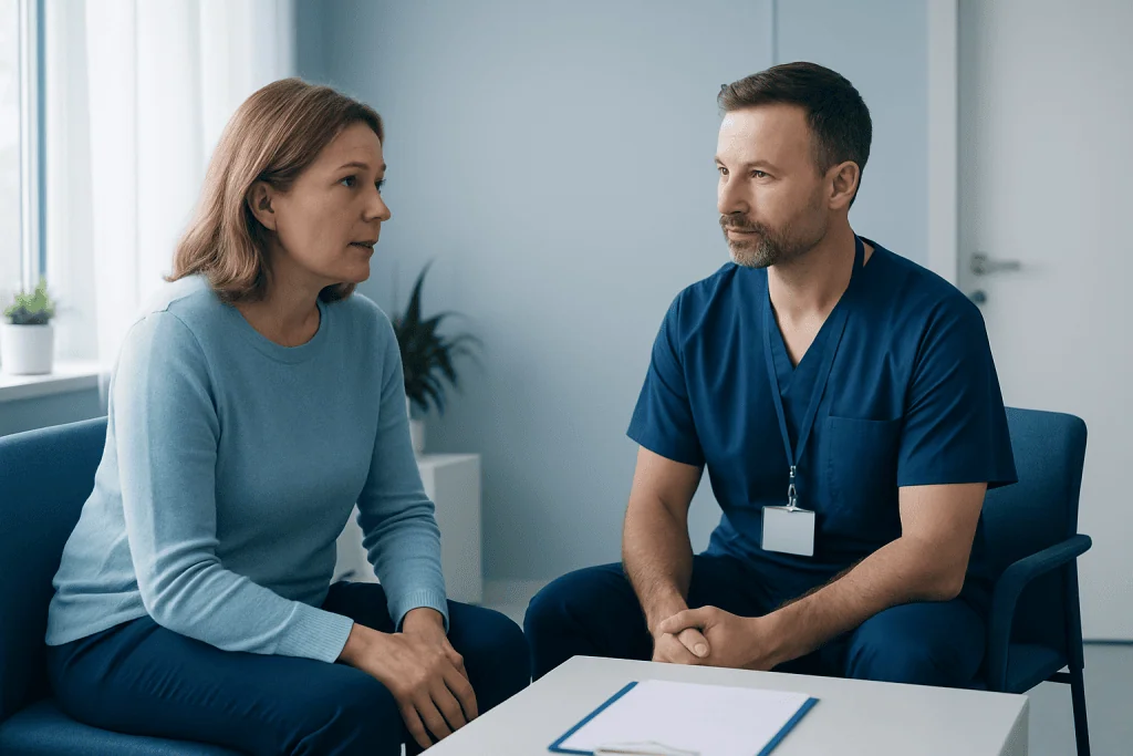 Doctor consulting with a female patient in a medical office.