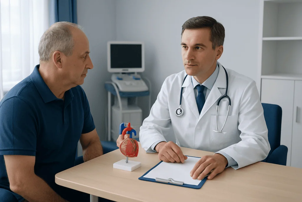 Cardiologist consulting with a patient about heart health in a medical office.