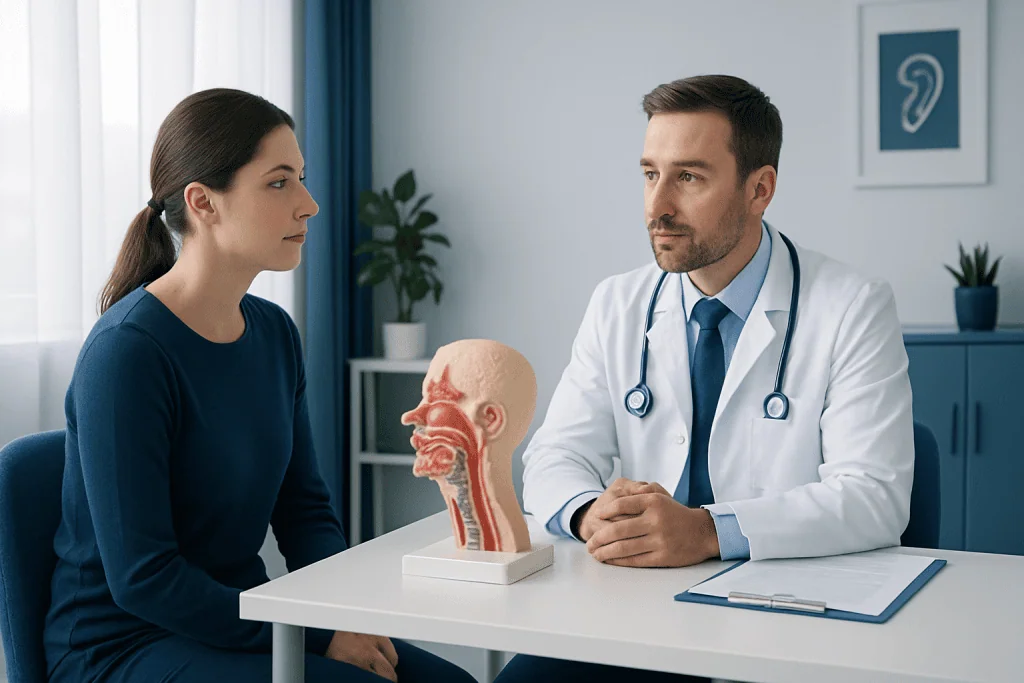 ENT consultation with a doctor and patient discussing ear anatomy model.