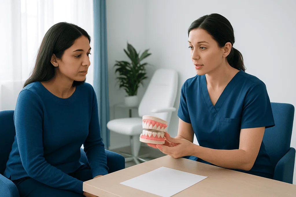 Dentist explaining dental bridge options to patient in clinic.