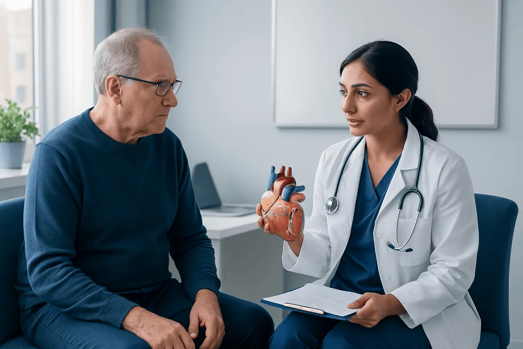 Doctor explaining heart health to an elderly patient in a consultation room.