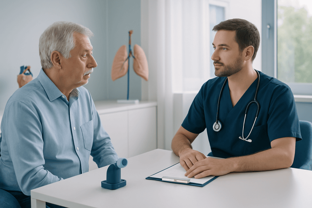 Doctor consulting with elderly patient in medical office with lung model in background.