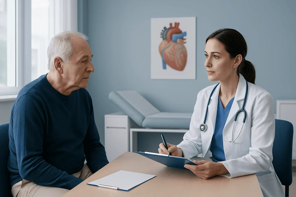 Doctor consulting with an elderly male patient in a hospital room.