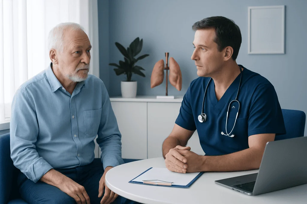 Doctor consulting with elderly patient in a medical office.