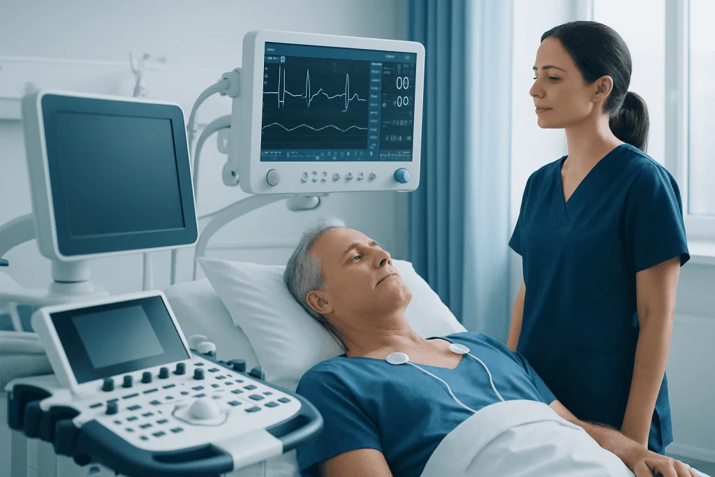 Patient undergoing cardiac monitoring in hospital with nurse present.