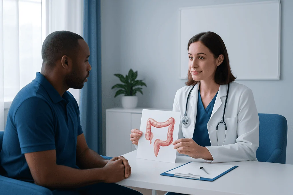 Doctor explaining colon health with a model to a patient in a consultation room.