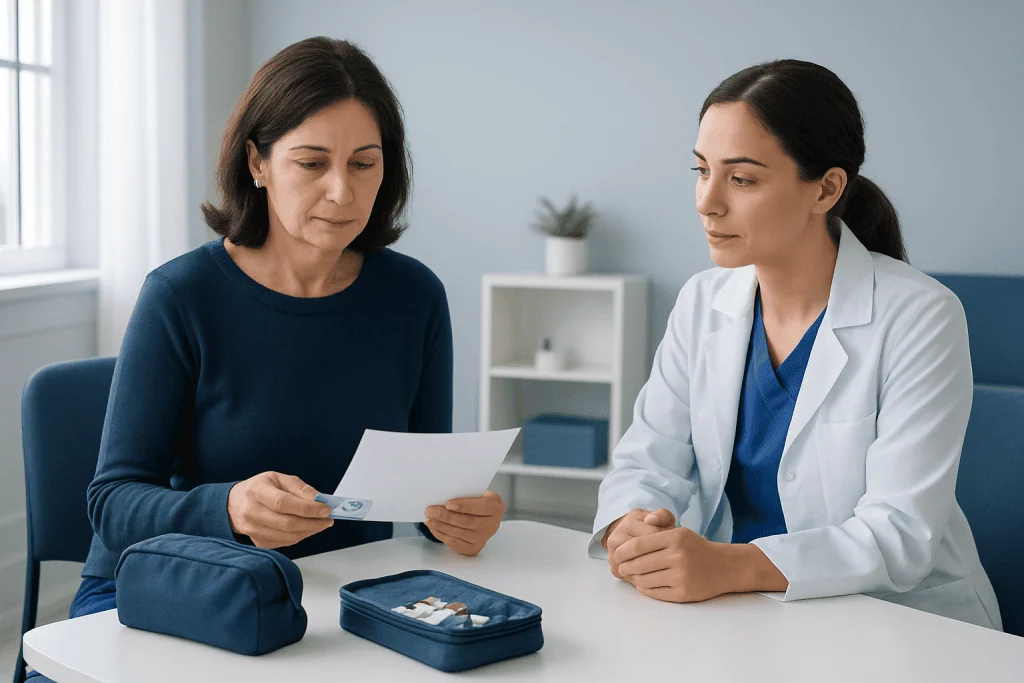 Doctor and patient discussing medication at hospital visit.