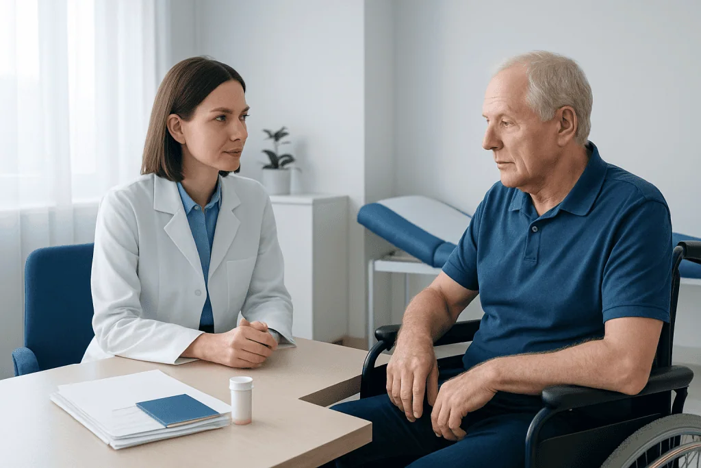 Doctor consulting elderly patient in a medical office setting.