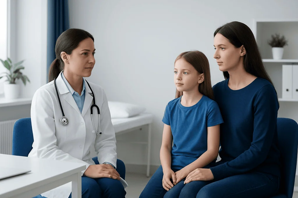 Doctor consulting a young girl and her mother in a clinic setting.