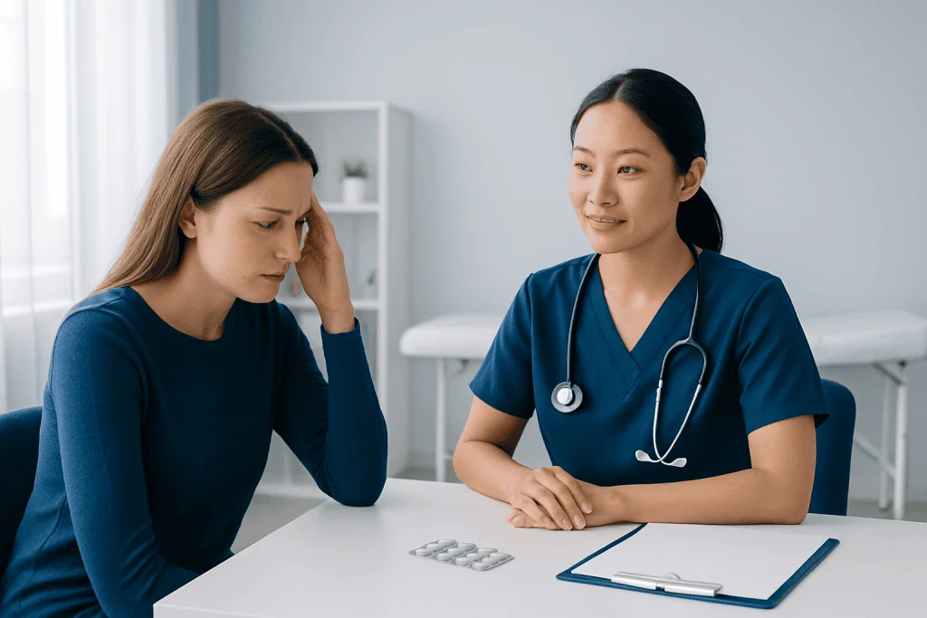 Doctor consulting with a patient about migraine treatment options.