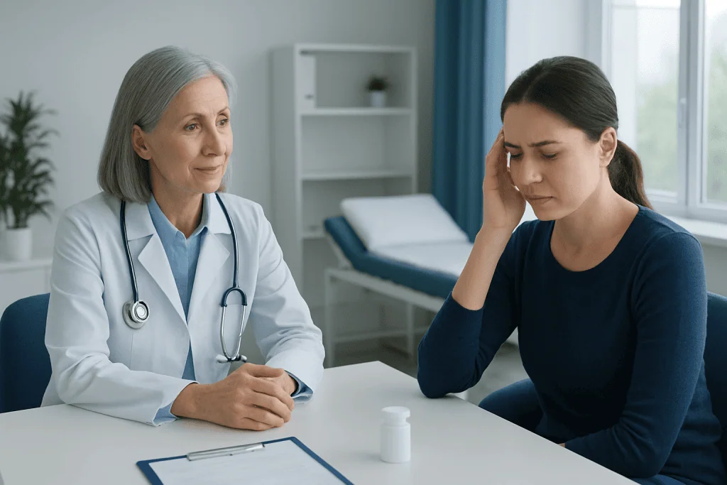 Doctor consulting with a young woman about migraine treatment options.
