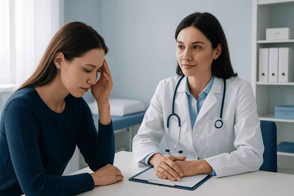 Doctor consulting a patient about migraine treatment options in a clinic setting.