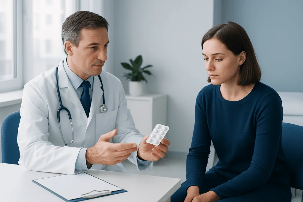 Doctor explaining medication options to a patient in a clinic setting.