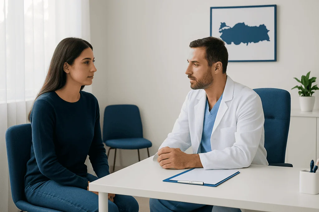 Doctor consulting with a patient in a medical office in Turkey.